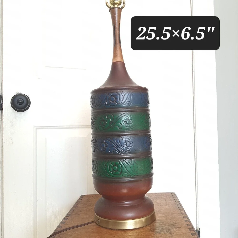 Vintage Embossed Ceramic Lamp Base – Blue & Green Floral Bands – Mid-Century